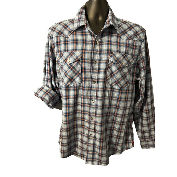 Wrangler Mens Plaid Long Sleeve Button-Up Shirt Blue/Orange L - Picture 1 of 4